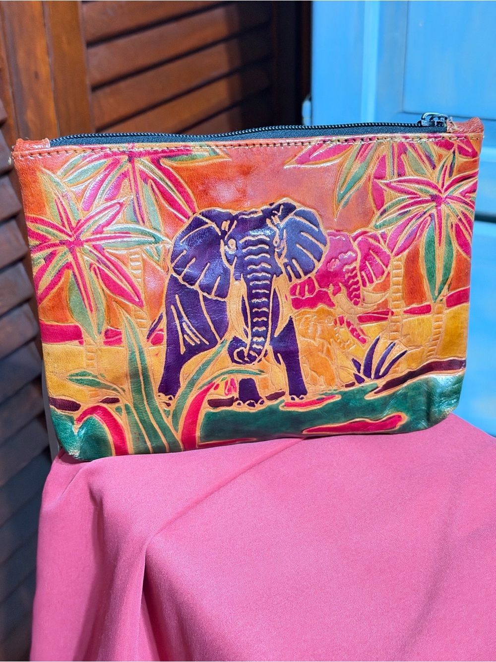 Hand-Painted Elephant Leather Shoulder Bag in Multicolor